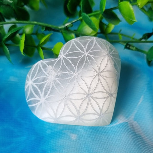 Selenite Heart – Flower of Life – (ID: crf9)