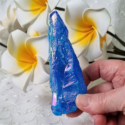 Blue Aura Quartz Raw Point – (ID: crn74)